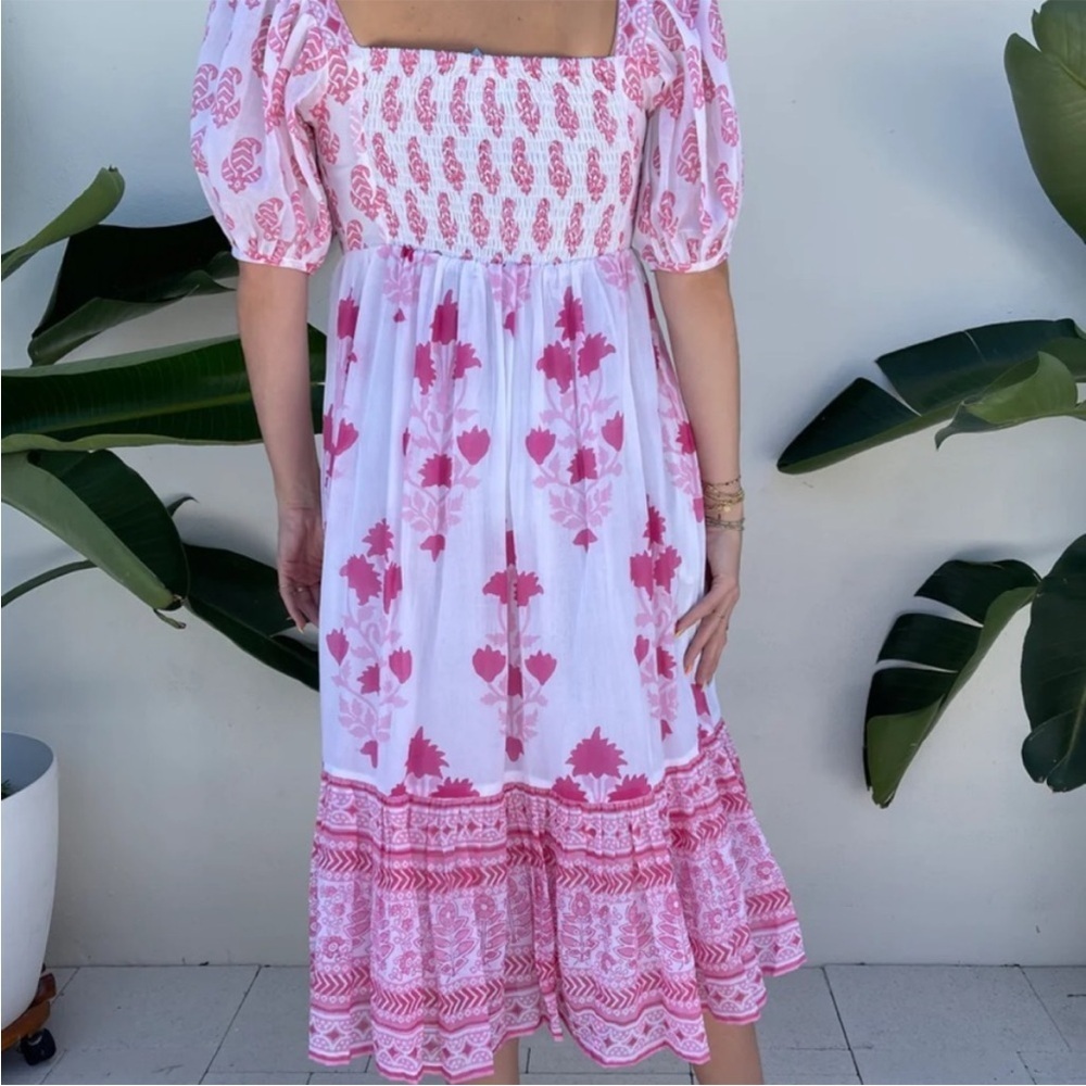 Tuckernuck Oliphant Puff Sleeve Midi Dress in Jaipur Pink & White NWT Size XS - Picture 2 of 14